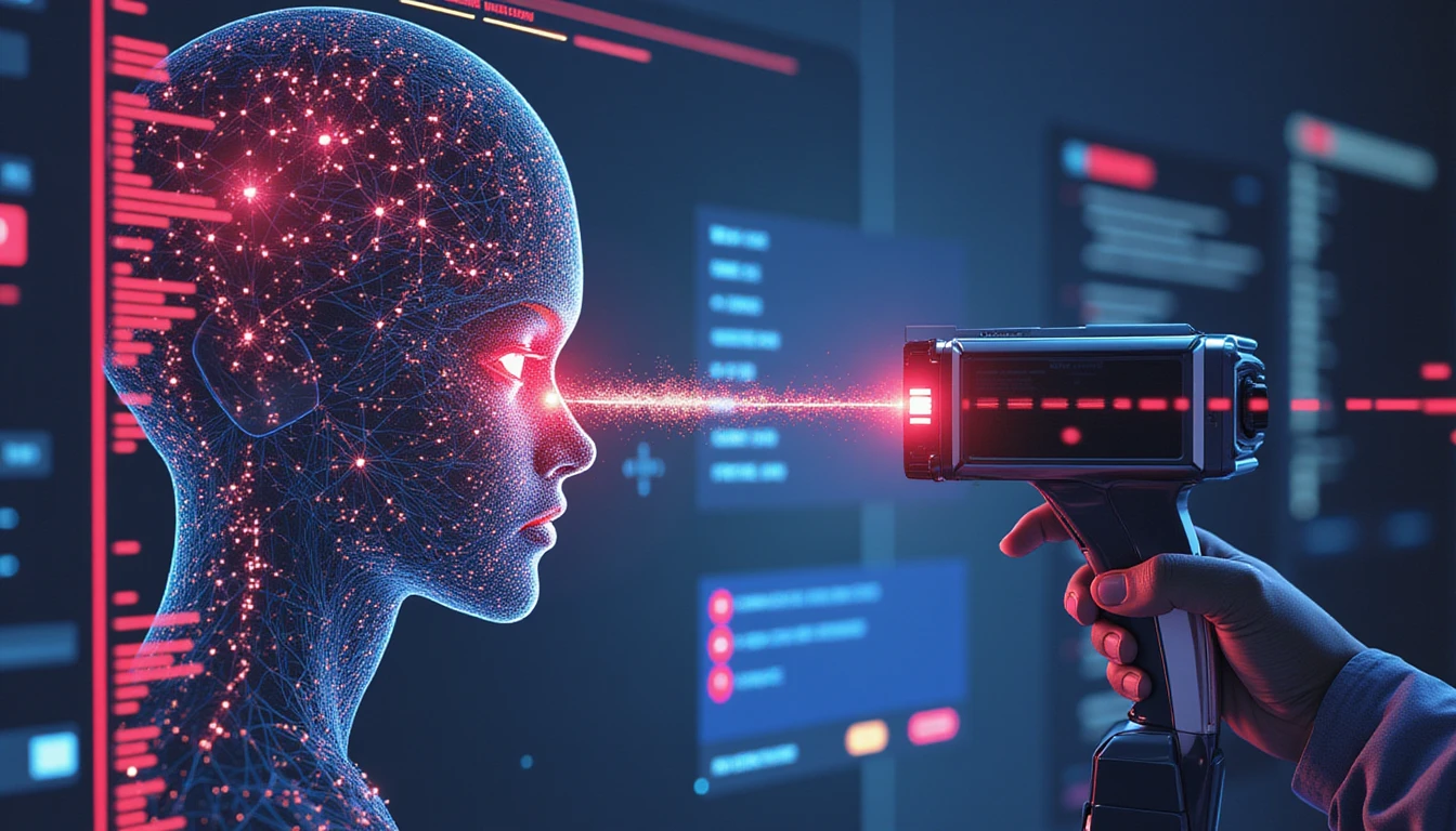 Futuristische Darstellung der KI-gestützten Betrugserkennung mit leuchtenden digitalen Netzwerken, neonfarbenen Metadatenlinien und einem Scanner, der VAARHAFTs Innovation symbolisiert.