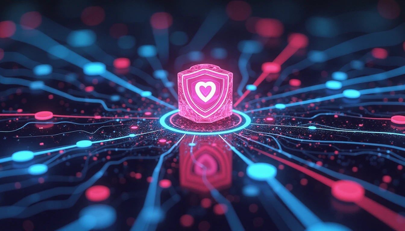 Abstraktes digitales Netzwerk mit leuchtenden Neonknoten, Schildern und Authentifizierungssymbolen, das sicheren, KI-gesteuerten Dating-Schutz symbolisiert.