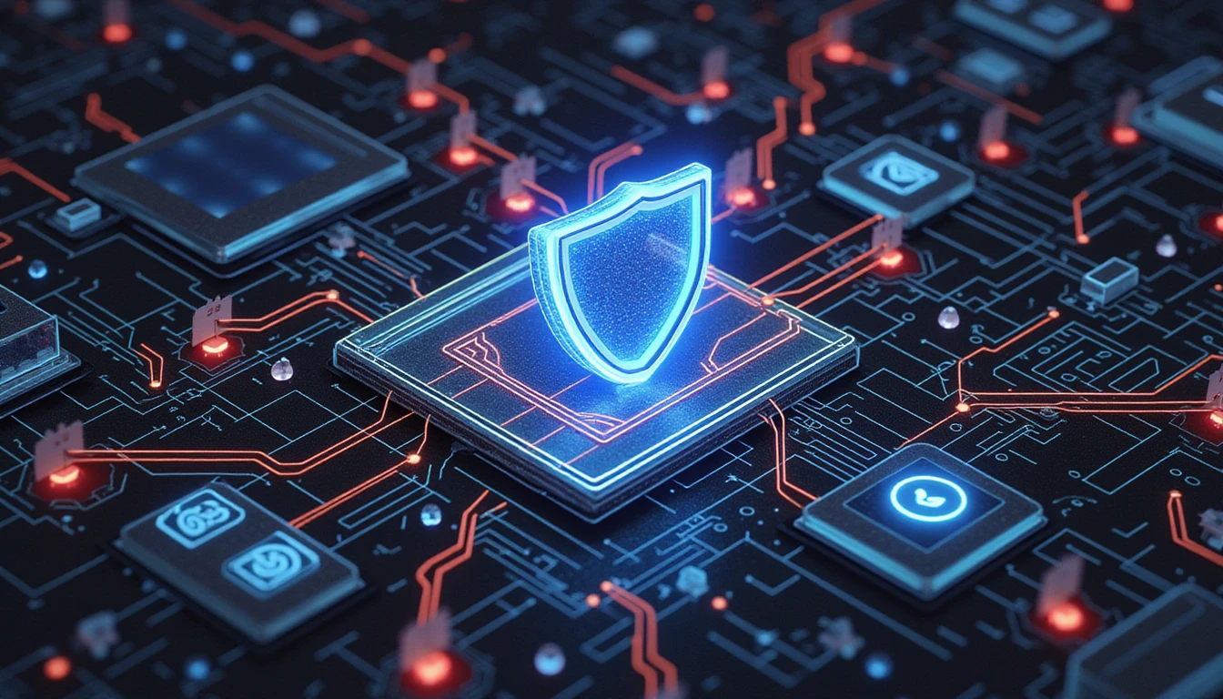 Futuristic depiction of AI-driven image verification technology for insurance fraud prevention, featuring neon accents, shields, and digital patterns.