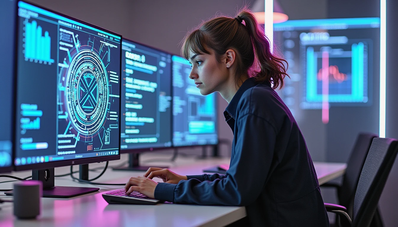 A professional insurance analyst in a sleek office reviews holographic fraud detection data, AI analysis, and digital security metrics.