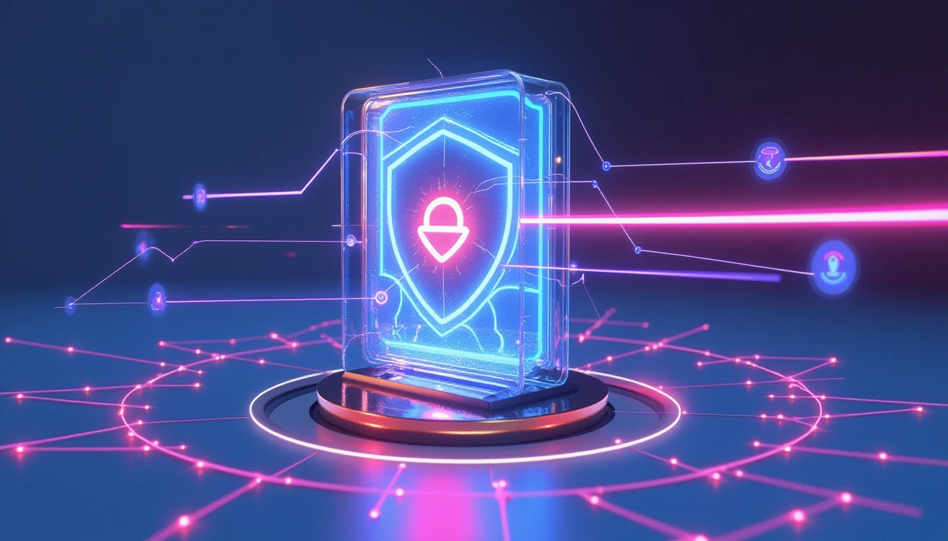 Futuristic digital shield with neon glow scanning online dating profiles for authenticity, symbolizing AI-powered fraud detection and security.
