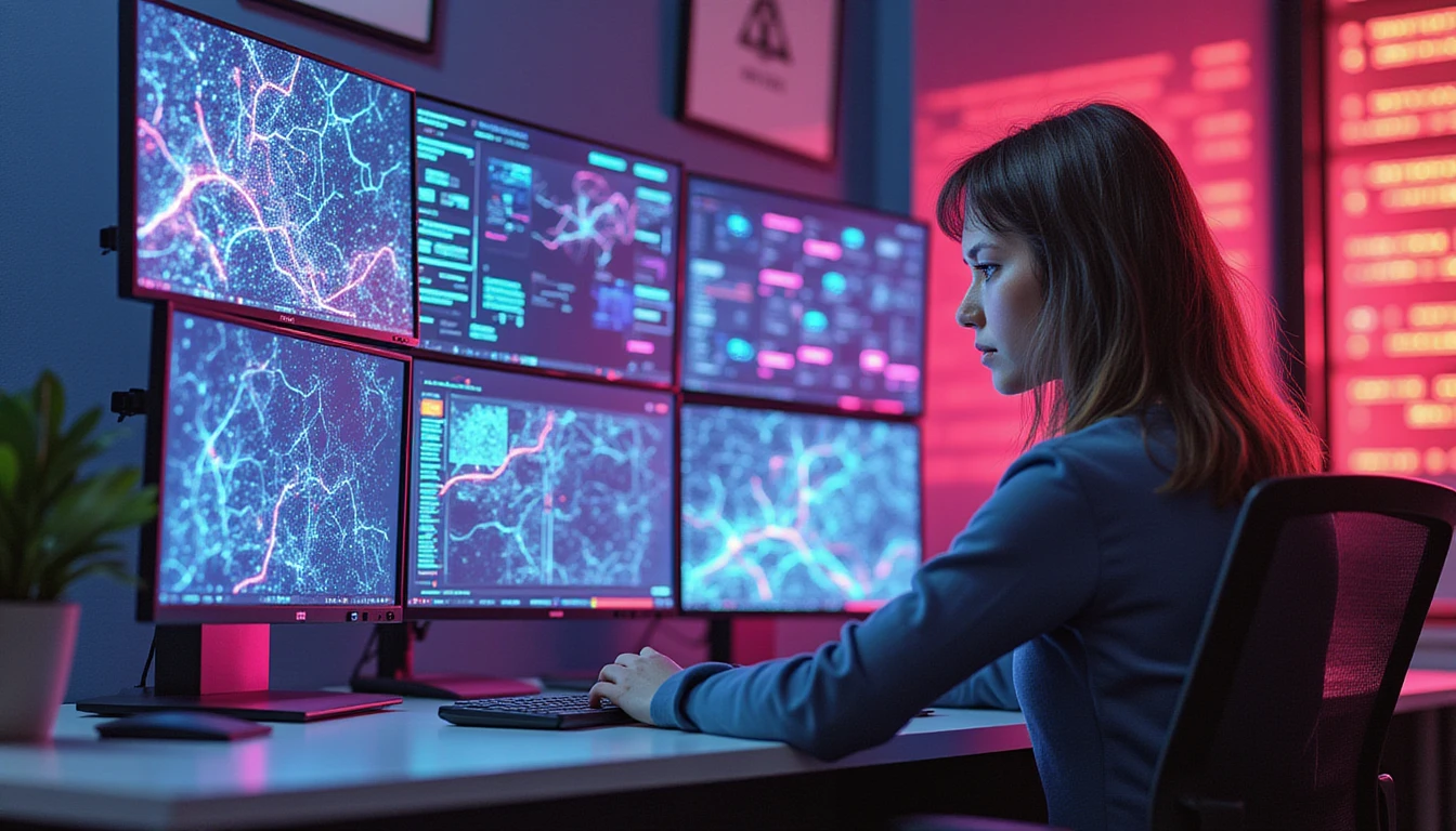 Digital security analyst monitors advanced fraud prevention on holographic screens, with AI-driven data flow and neon-lit futuristic visuals.