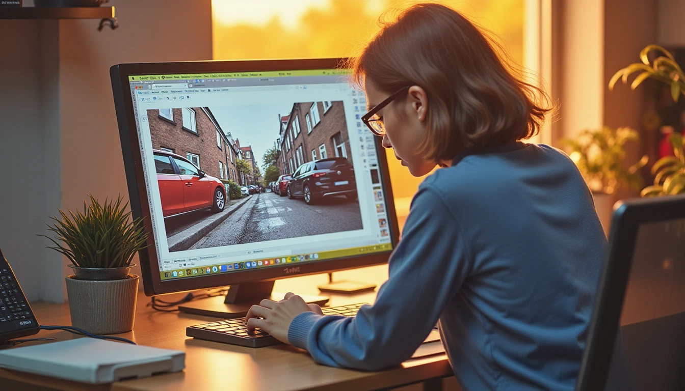 Ein forensischer Analyst untersucht das vergrößerte Foto eines Versicherungsanspruchs auf einem digitalen Bildschirm, wobei KI-Highlights einen potenziellen Betrug erkennen.