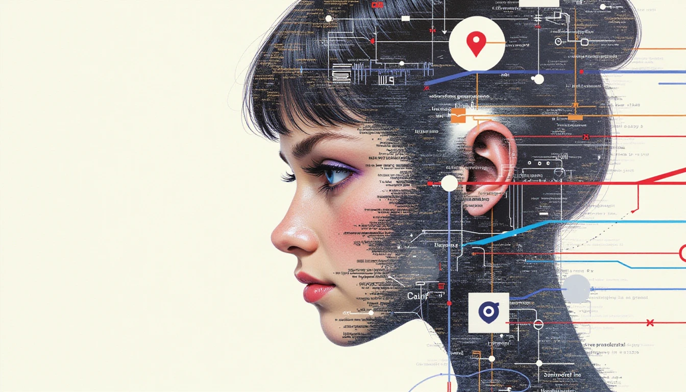Futuristic digital face fragmented into data streams, symbolizing AI-generated fake profiles with security grids detecting fraud.