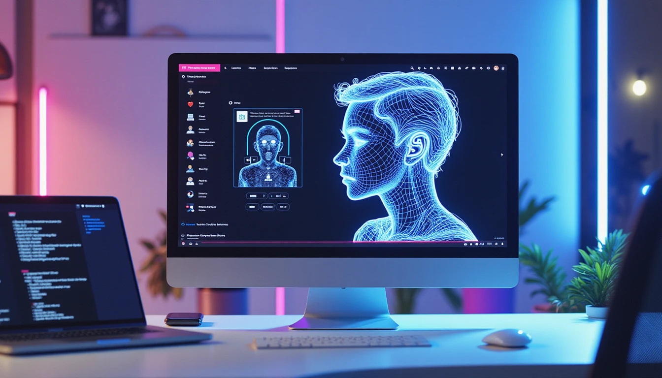 Ultra-realistische moderne Arbeitsumgebung mit einer Neon-KI-Sicherheitsoberfläche, die eine Online-Dating-Plattform analysiert und für Betrugserkennung und Innovation steht.