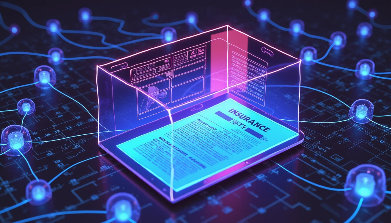 KI-gesteuerte Betrugserkennung im Versicherungswesen mit neonbeleuchteten neuronalen Netzwerken, die Ansprüche mit einem futuristischen Scanner und Sicherheitselementen analysieren.