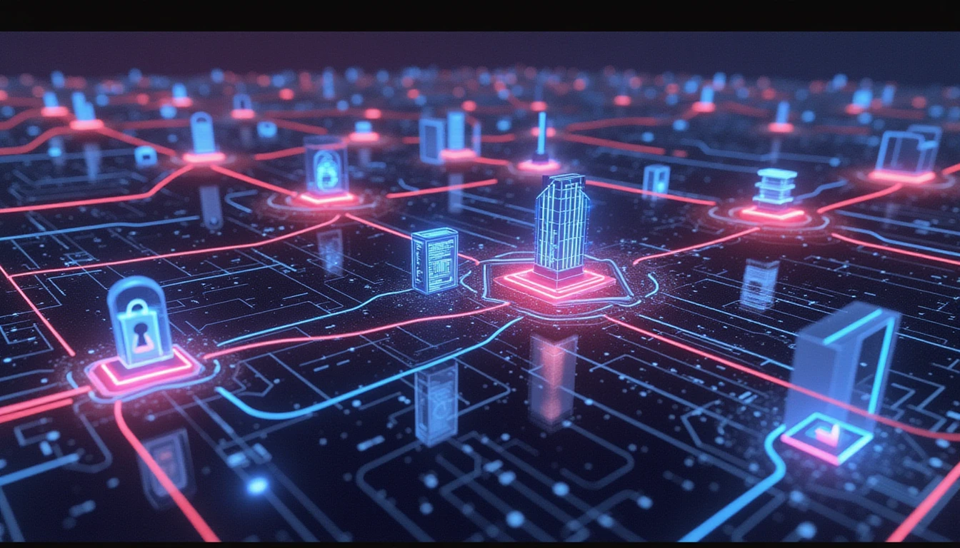 Abstraktes futuristisches Design, das Versicherungsinnovationen mit Neonlinien symbolisiert, die Elemente der Betrugserkennung, Sicherheit und Effizienz verbinden.
