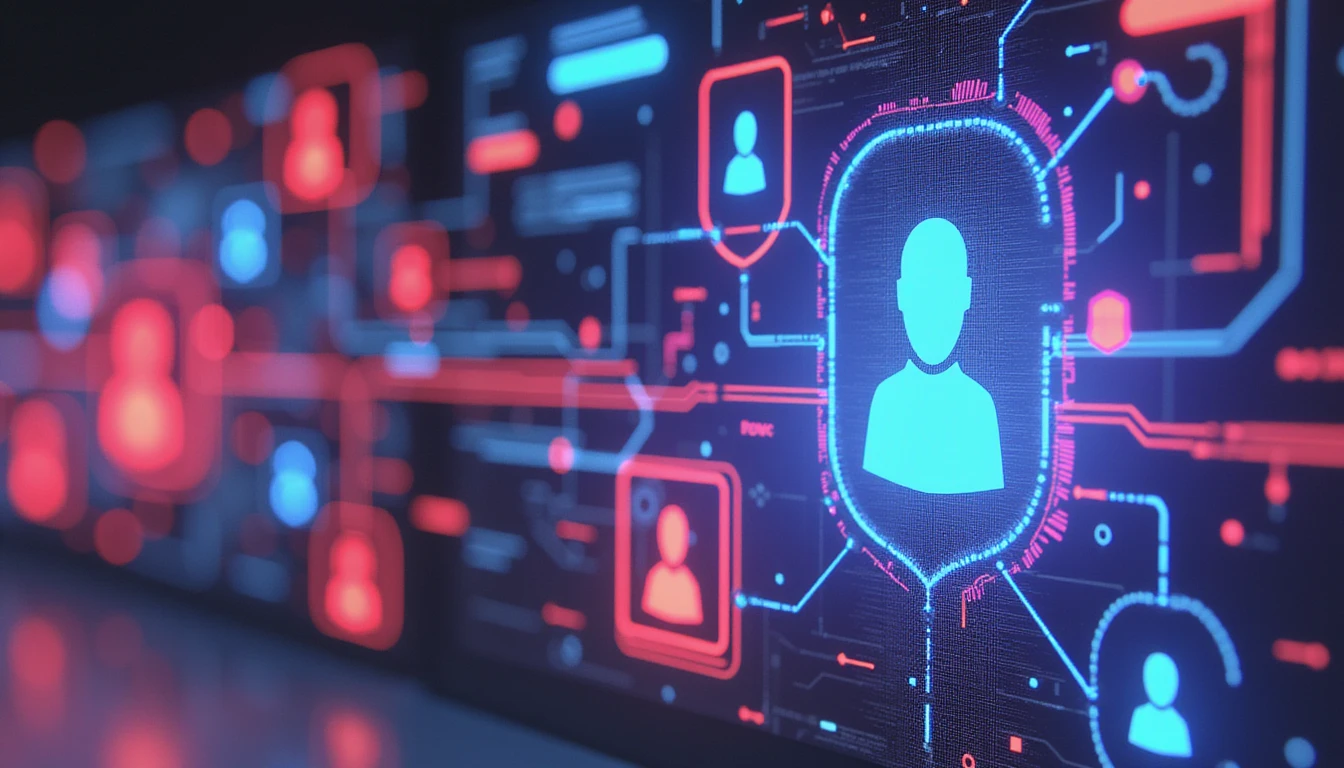 KI-gestützte Betrugserkennung beim Online-Dating, dargestellt als digitaler Schutzschild über einem Neonnetzwerk aus Benutzerprofilen, der nach Anomalien sucht.