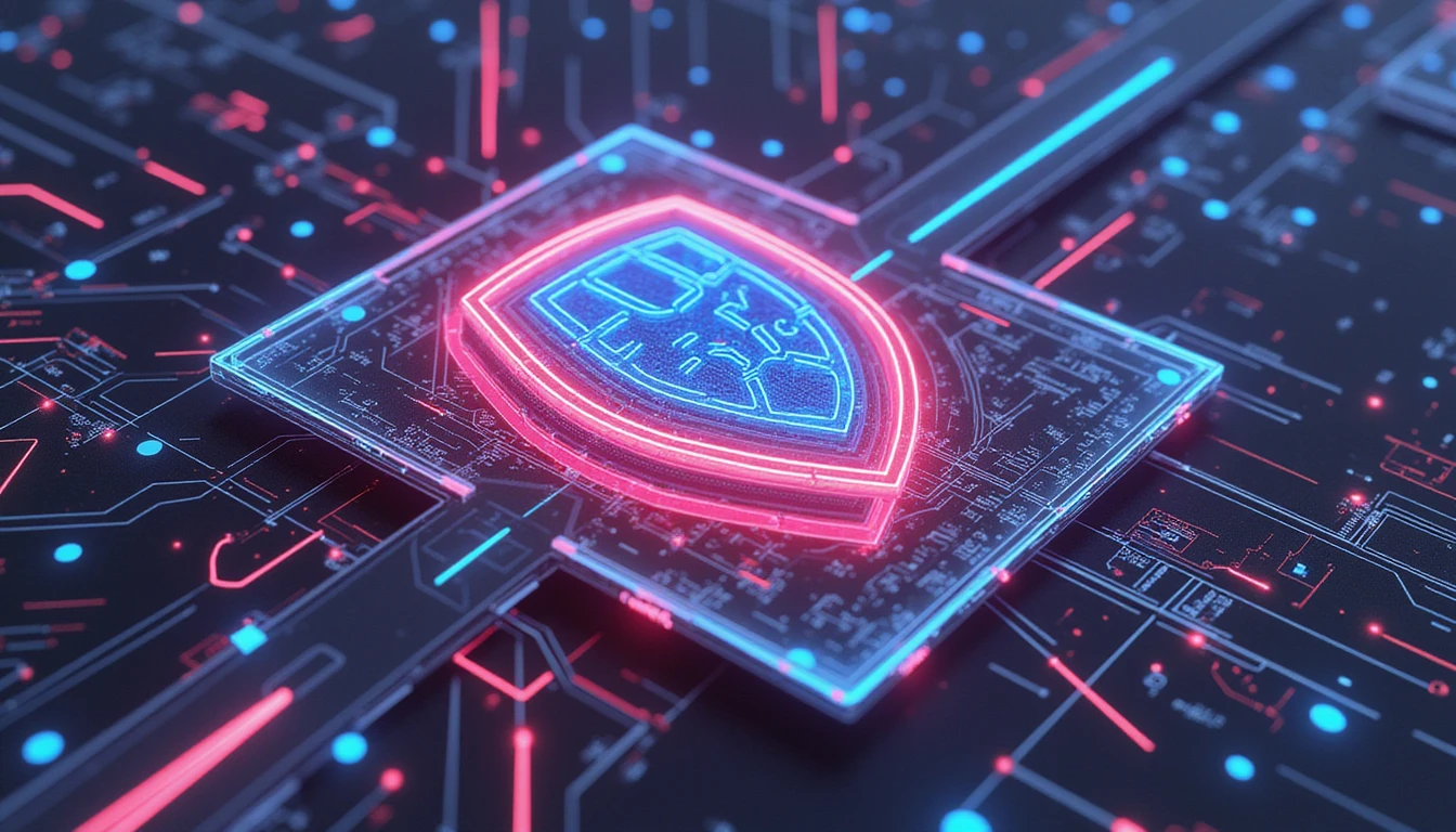 Zukunftsweisende digitale Visualisierung des Datenschutzes in der Versicherung mit neonbeleuchteten Schaltkreisen, KI-gesteuerten Netzwerken und Sicherheitssymbolen als Schutzschild.
