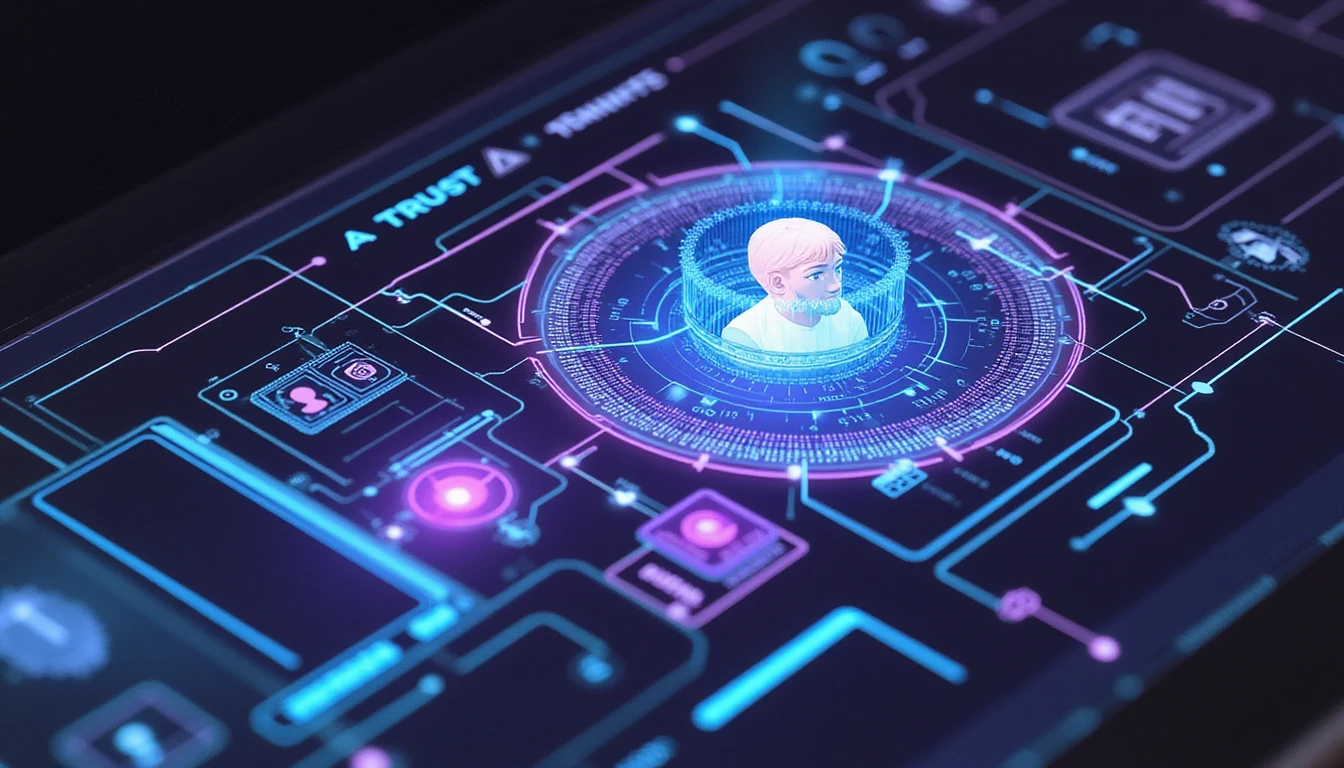 Futuristischer KI-Scanner analysiert ein Profilbild mit leuchtenden Datenverbindungen und symbolisiert so eine sichere, vertrauensbasierte Verifizierung beim Online-Dating.