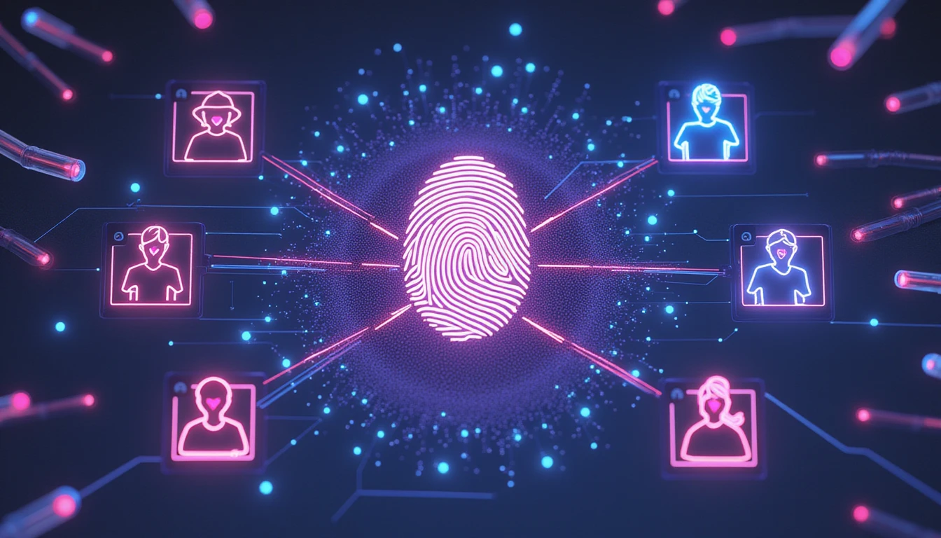 AI-driven digital identity verification in online dating, featuring a glowing biometric fingerprint scan, neural networks, and verified user profiles.