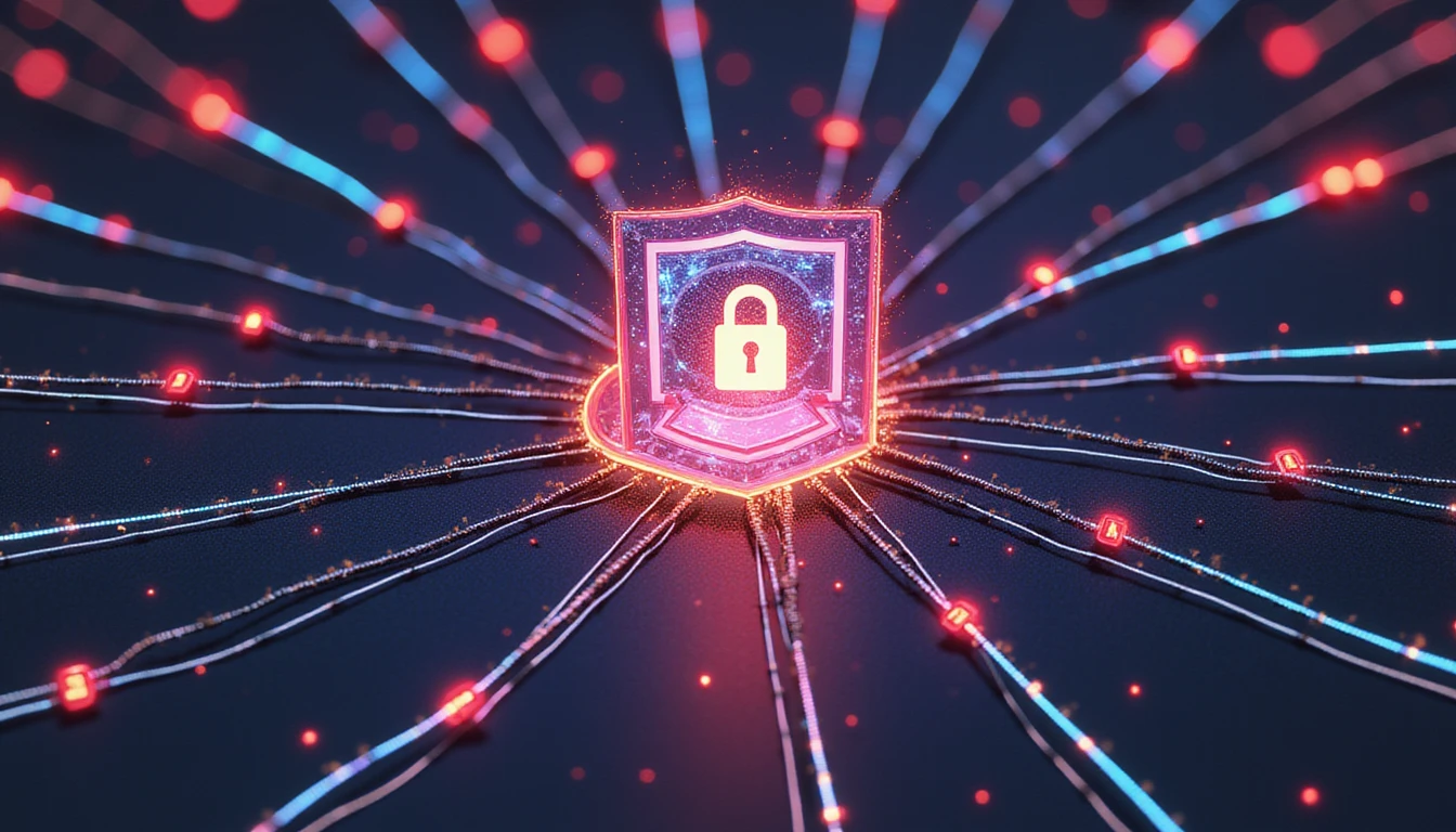 Futuristic neon-lit network with a glowing shield icon symbolizing protection against AI-generated fake profiles in online dating.