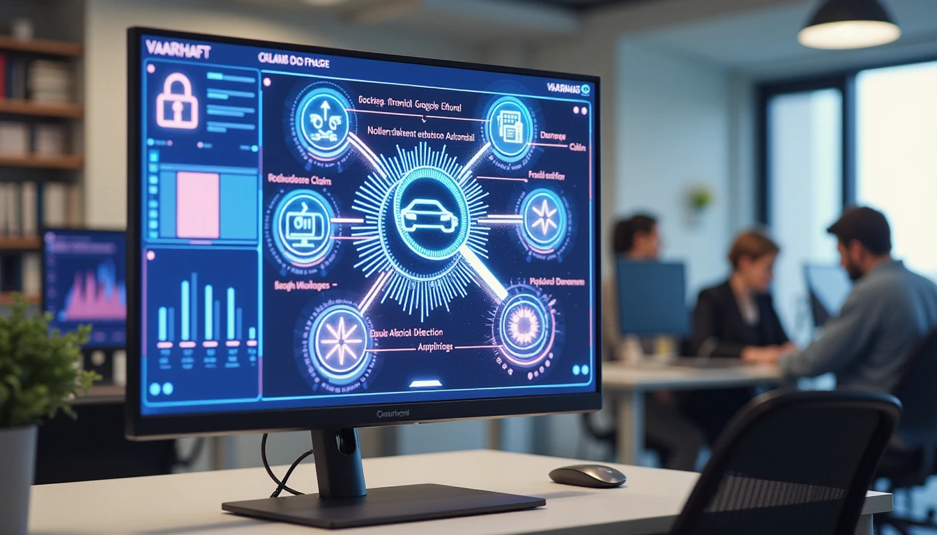 Futuristic insurance office with professionals, neon fraud detection display, and a monitor showing VAARHAFT Fraud Scanner in action.