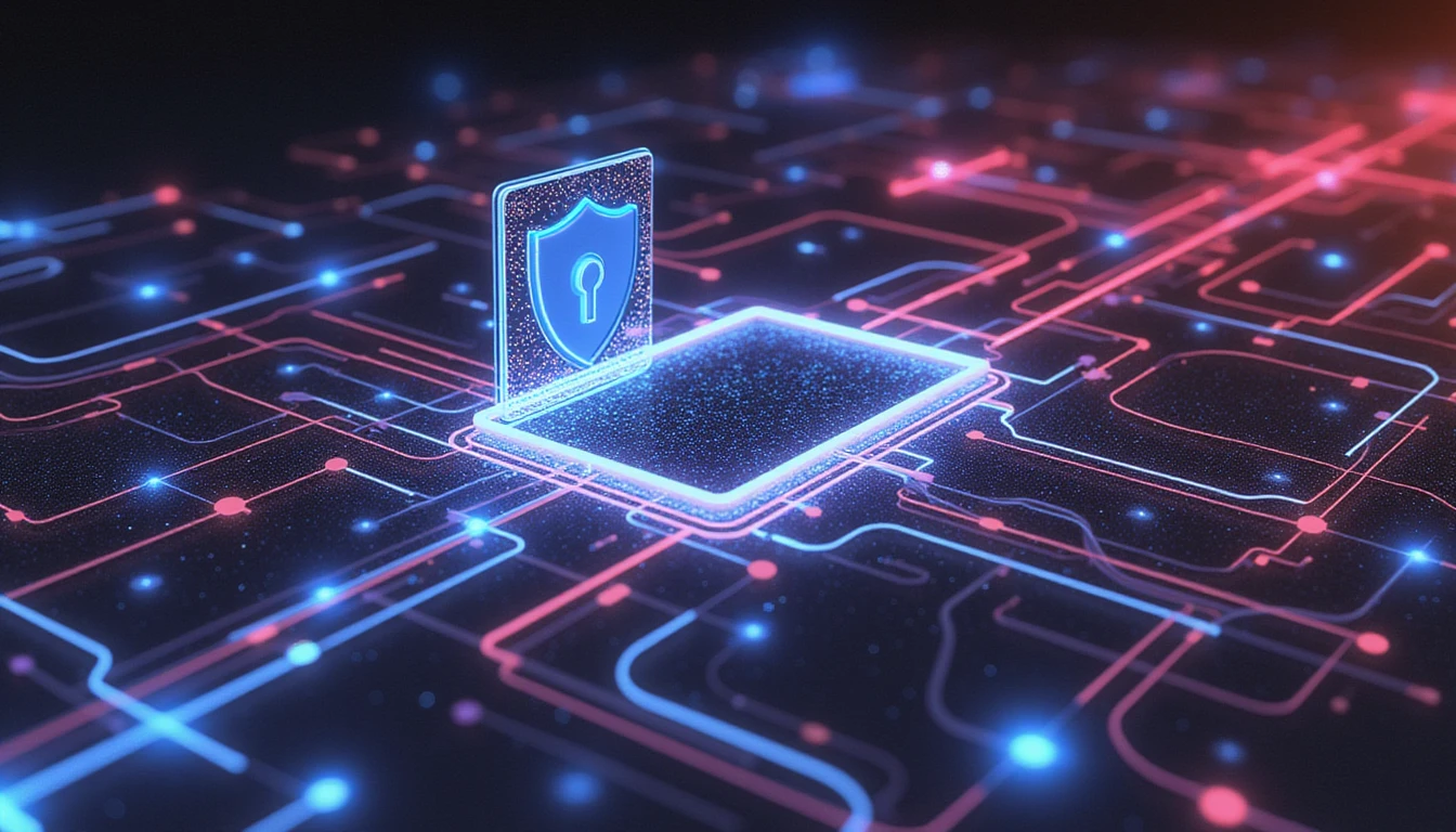 Futuristische neonleuchtende Strukturen symbolisieren eine optimierte Versicherungsinfrastruktur mit KI-Integration, Sicherheit und Betrugserkennung.