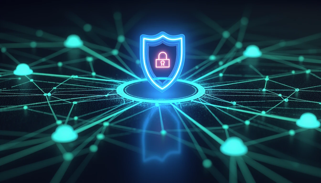Abstract visual of insurance claims processing with glowing nodes, a futuristic shield for fraud prevention, and VAARHAFT Fraud Scanner.
