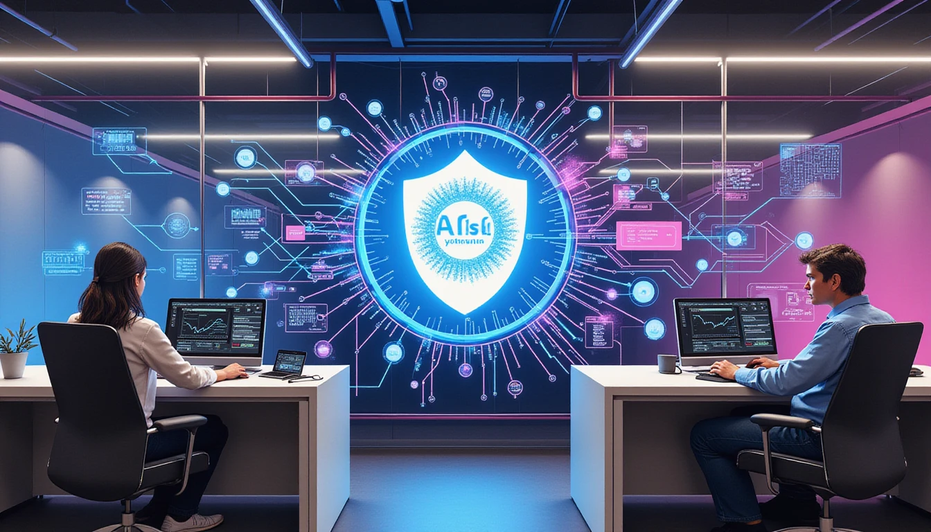Modern insurance office with professionals at desks, glowing neon diagram of AI-driven risk and fraud detection, and a digital security shield.