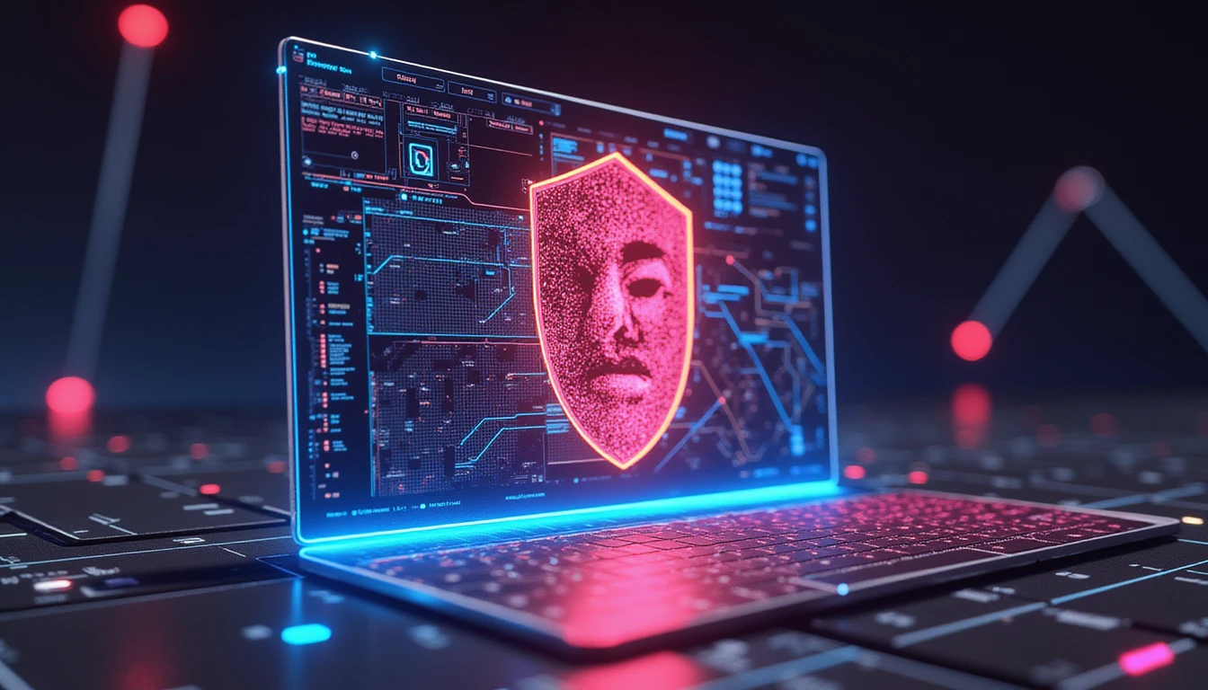 Neon-glowing shield with AI circuits and nodes analyzing a human face, symbolizing secure fraud prevention in online dating.