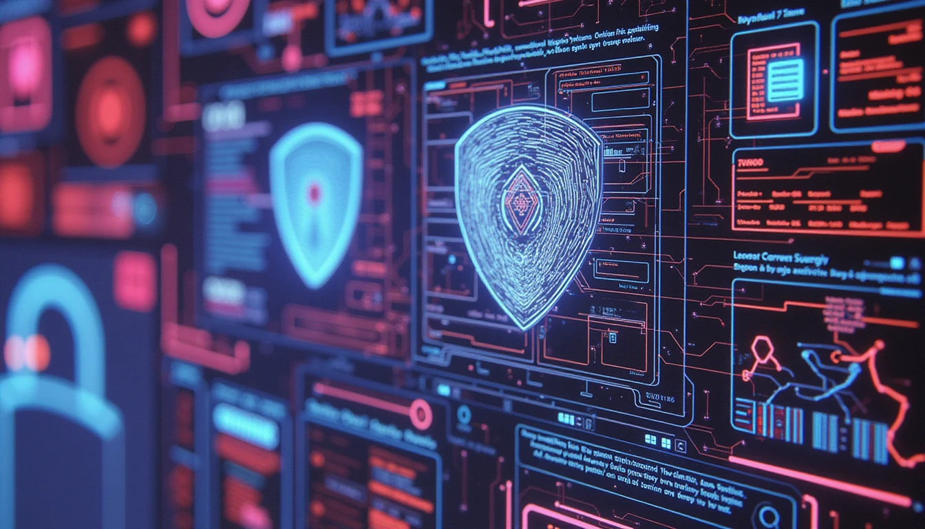 AI-powered security ecosystem for online dating, featuring glowing shields, biometric authentication, and fraud detection holograms.