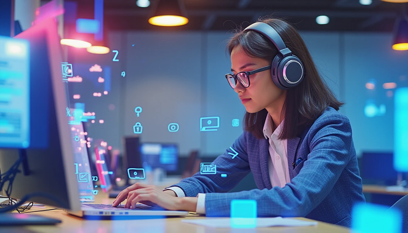 Futuristische Büroszene mit einem Versicherungsfachmann, umgeben von holografischen Neon-Datenvisualisierungen, die KI-gestützte Betrugserkennung zeigen.