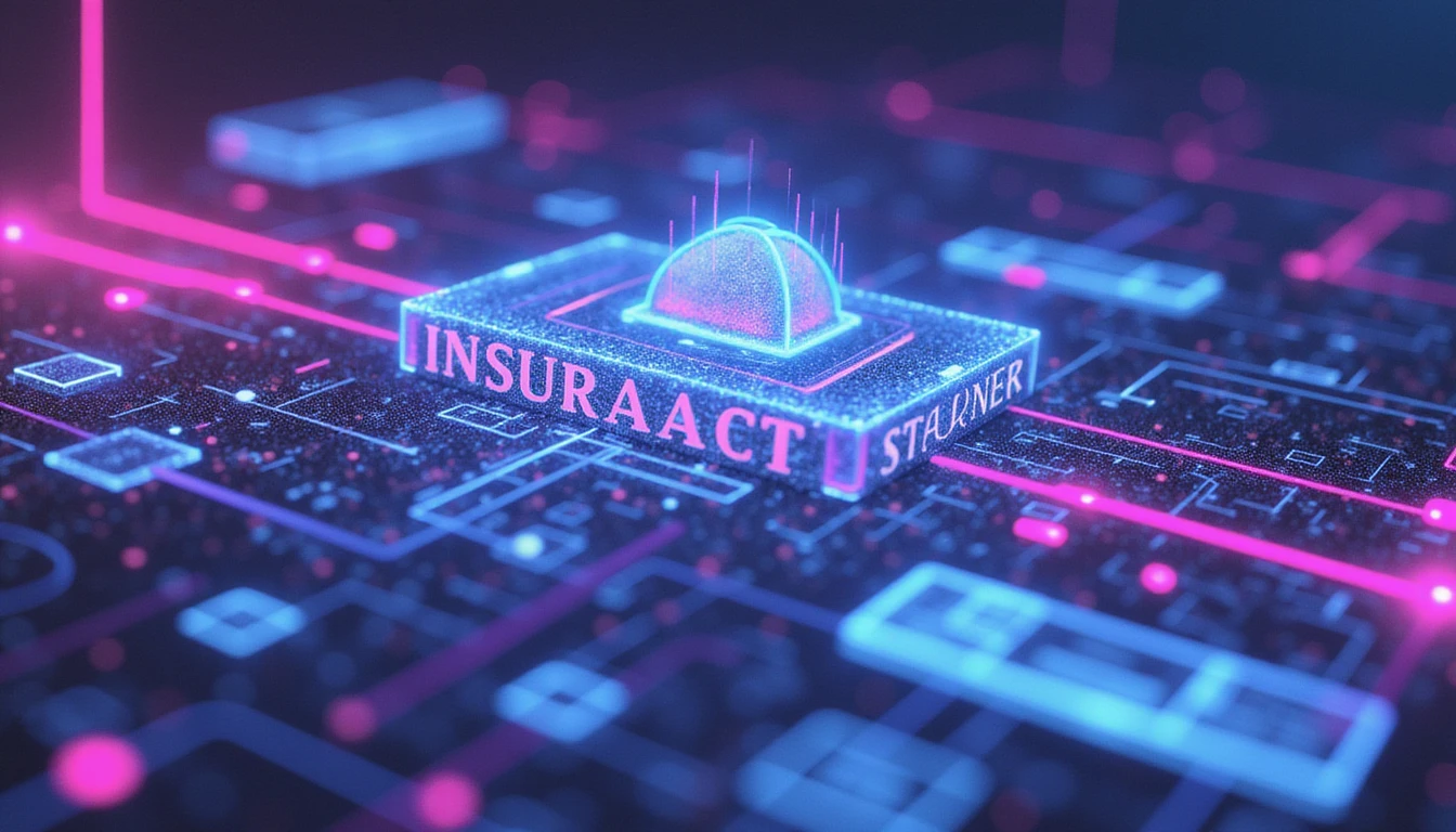 Futuristic neon scene of technology transforming insurance with glowing AI elements, digital structures, data flows, and security themes.