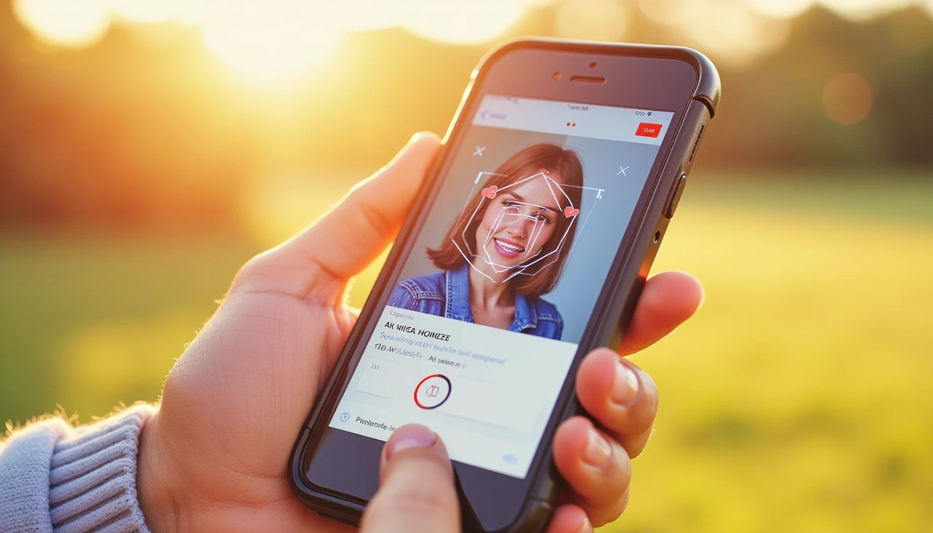 Smartphone, das ein Online-Dating-Profil mit einer KI-gestützten Sicherheitsüberlagerung anzeigt, um Authentizität und Sicherheit im digitalen Dating zu gewährleisten.