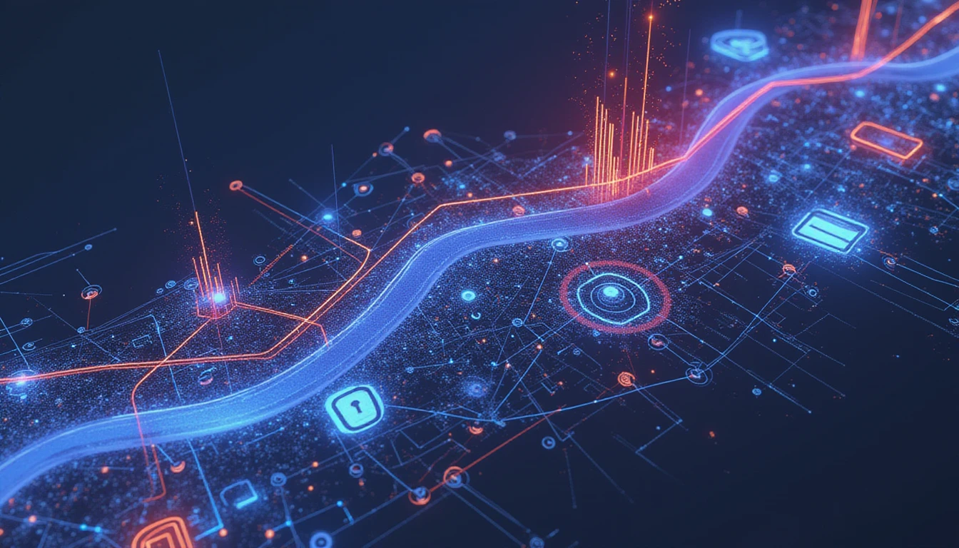 Abstrakte Darstellung analytikgesteuerter Innovationen im Versicherungswesen mit neonleuchtenden Datenknoten, sicheren Pfaden und futuristischen Visualisierungen.