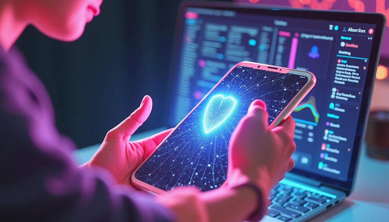 Futuristic AI-powered security system protecting a dating app user, with a digital shield detecting threats in real time.