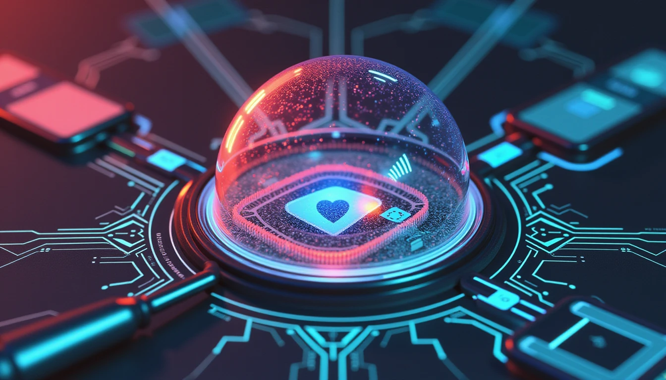 Futuristische Visualisierung der KI-gestützten Betrugserkennung im Versicherungswesen mit neonfarbenen digitalen Mustern, einer Lupe und einem Sicherheitsschild.