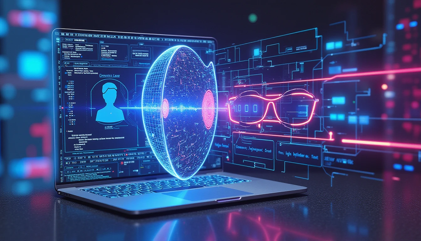 AI-powered security shield with neon digital barriers analyzing online dating profiles, detecting fraud through biometric scans and data flow.