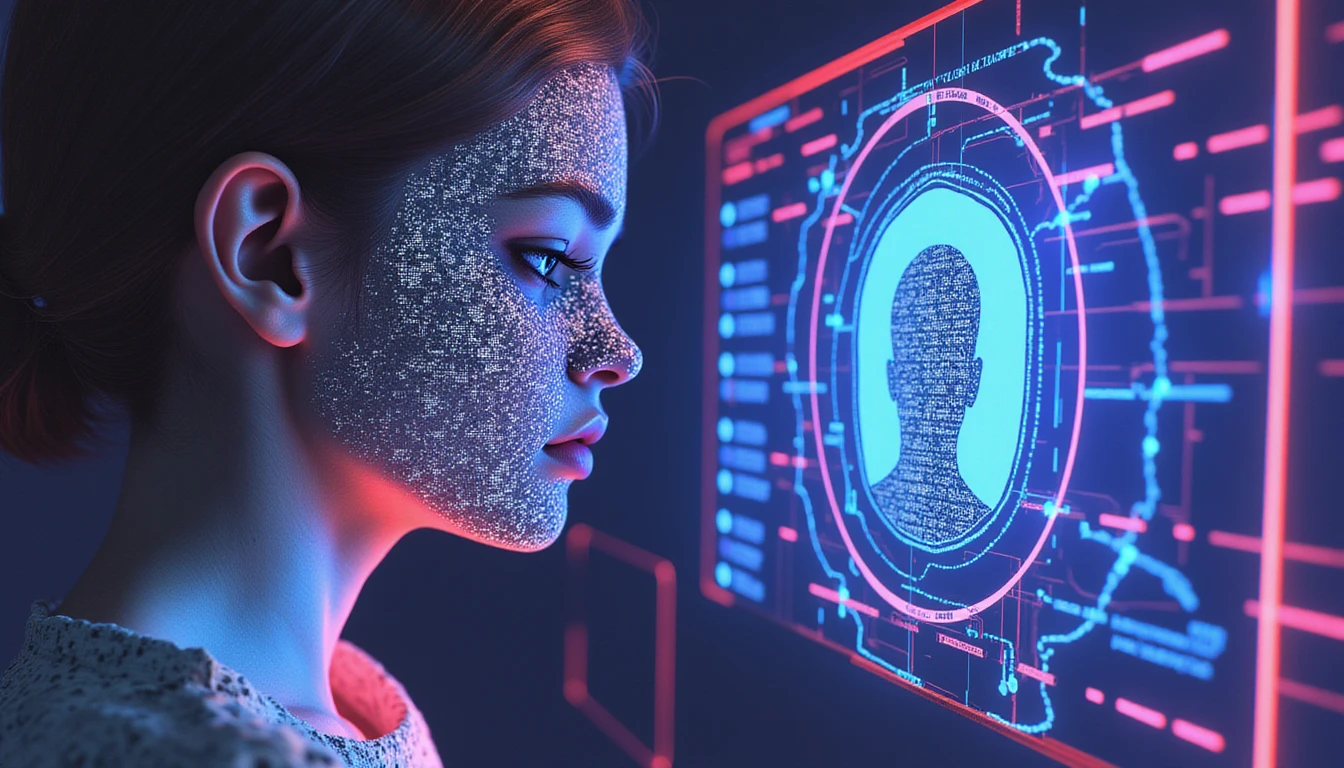 Futuristic digital interface showing real-time facial recognition for online dating security, with neon-lit data streams and a cyber shield.