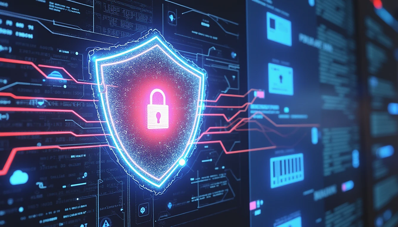 Abstraktes digitales Kunstwerk, das neonleuchtende Datenströme zeigt, die mit einem High-Tech-Schild verwoben sind und die Cybersicherheit in der Versicherungsbranche symbolisieren.