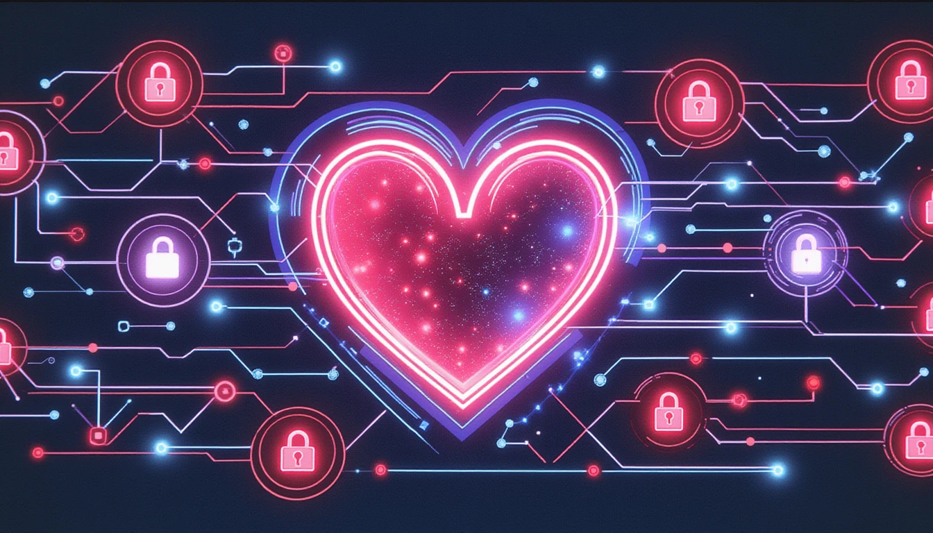 Zukunftsweisende KI-gestützte Risikominderung beim Online-Dating mit neonbeleuchteten neuronalen Netzen, sicheren Schlössern und einem leuchtenden Herz als Symbol für Vertrauen.