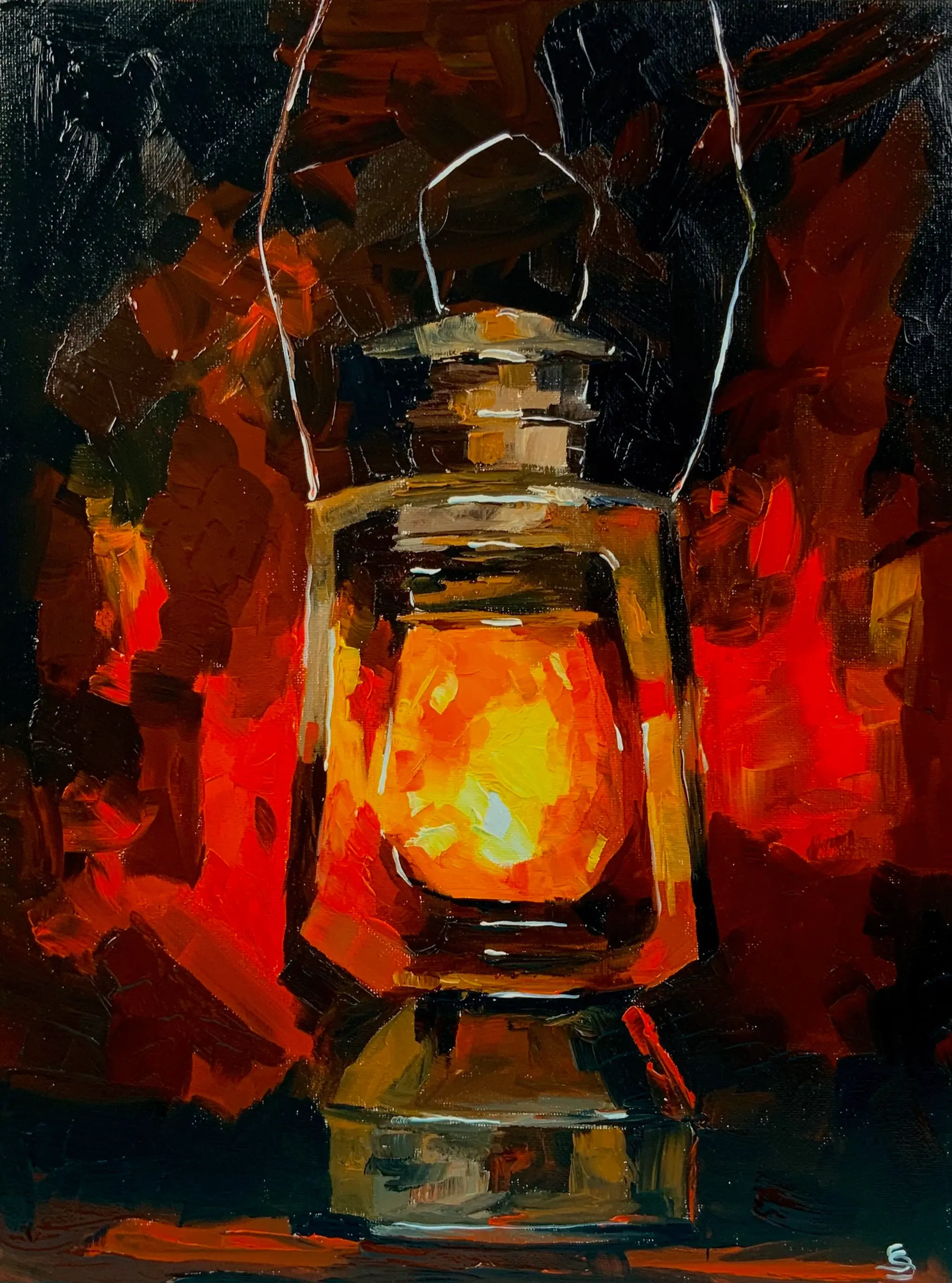 Vintage old stile lamp, still life, original oil painting on cotton canvas