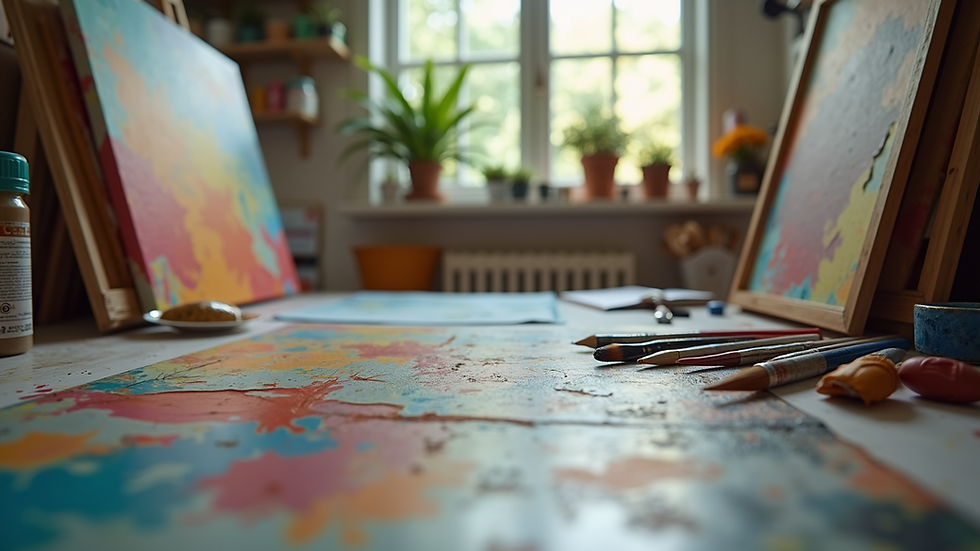 Eye-level view of an artist's studio filled with colorful canvases and art supplies