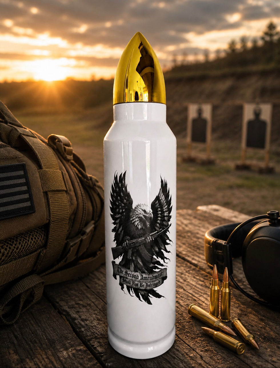 Freedom Round Thermos with eagle graphic at shooting range