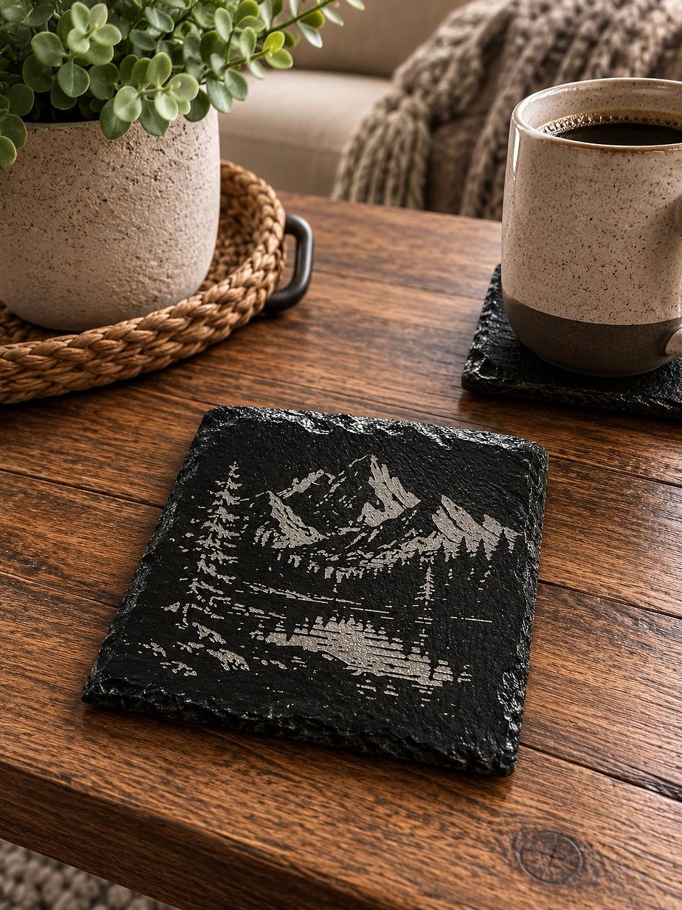 Thumbnail: Laser Engraved Slate Coaster Set | Rustic Mountain, Wildlife, Campfire Scenes