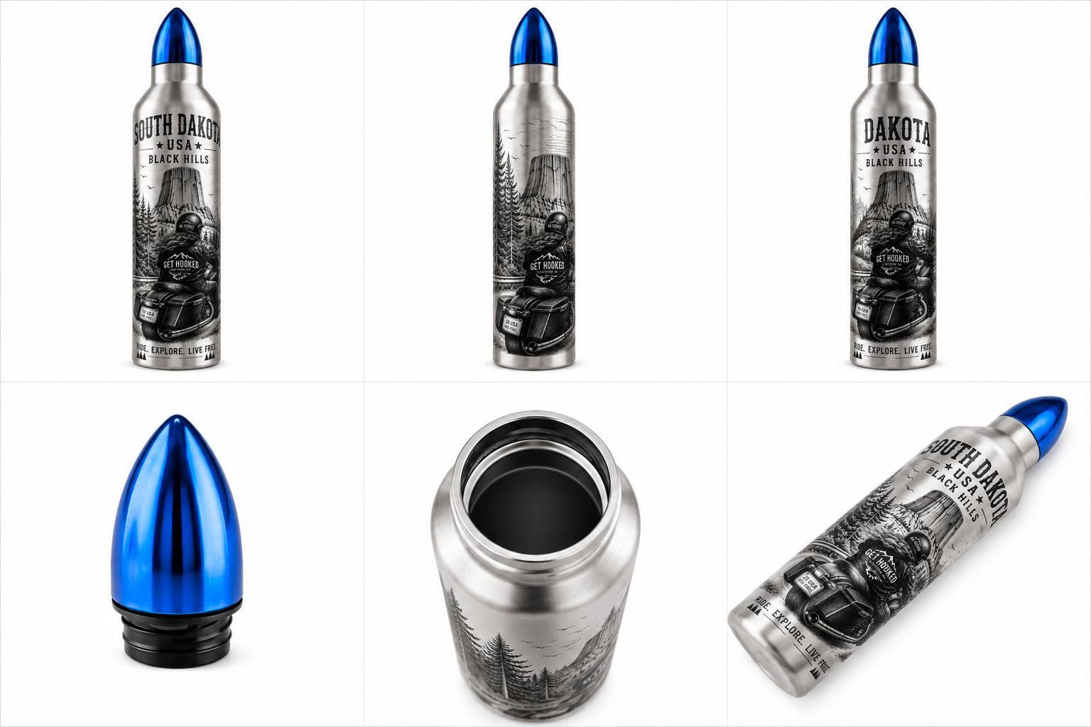 Collage of a South Dakota Black Hills stainless steel insulated bullet water bottle with a metallic blue bullet lid, showcasi