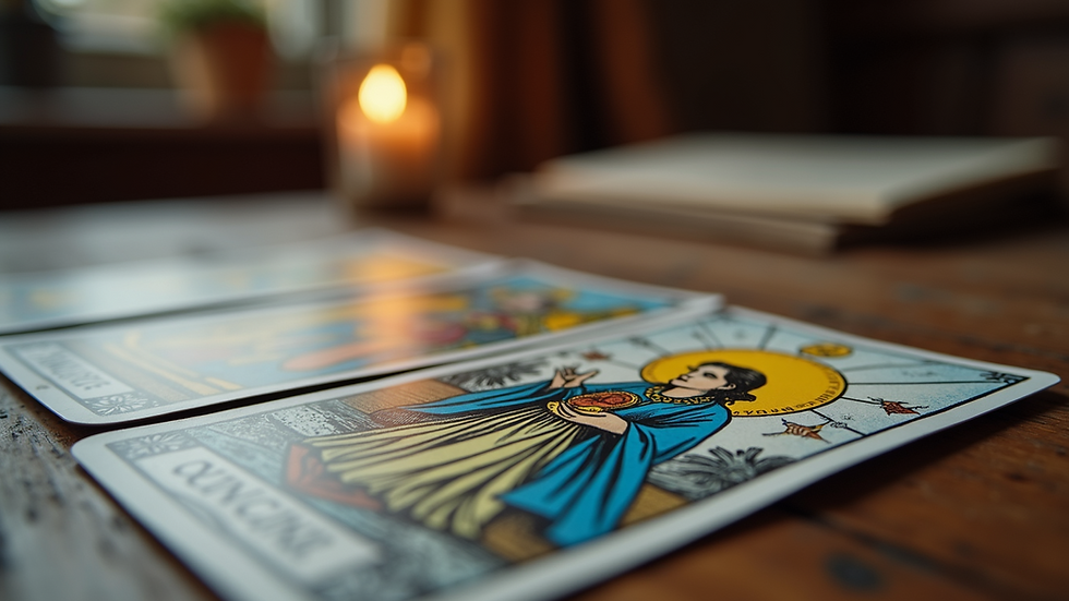 Close-up view of tarot cards spread on a wooden table