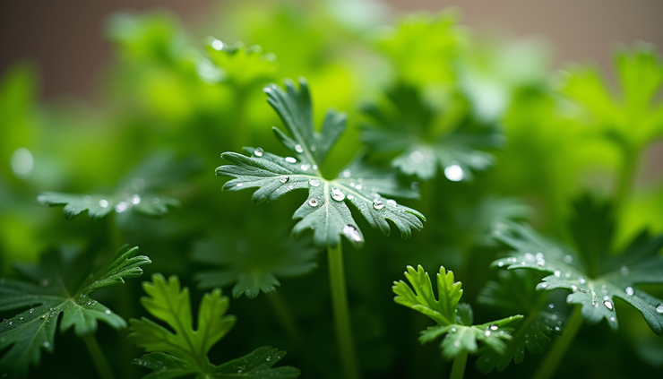 Close-up view of fresh parsley leaves with morning dew