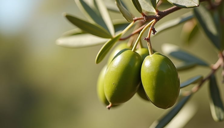Close-up view of fresh green olives on an olive tree branch
