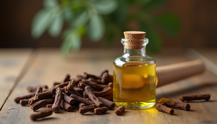 Eye-level view of a small glass bottle of clove oil surrounded by fresh clove buds