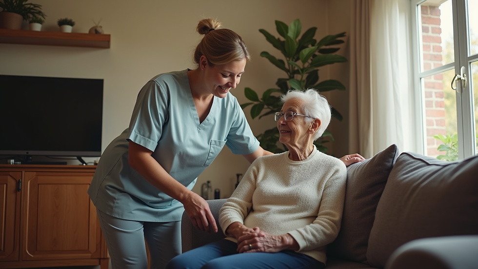 Eye-level view of a cozy living room with a caregiver assisting an elderly person