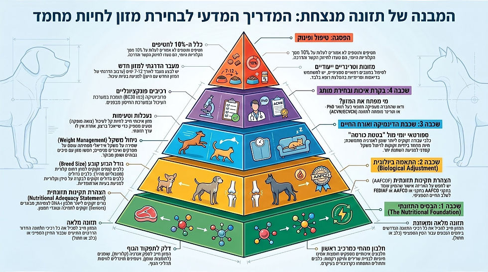 אינפוגרפיקה בעברית בצורת פירמידה בארבע שכבות צבועות, המסכמת את העקרונות לבחירת מזון לכלב או לחתול:
שכבה 1 (ירוקה, בבסיס) — הבסיס התזונתי: תזונה מלאה ומאוזנת על פי תקני AAFCO, עם חלבון מהחי כמרכיב ראשון, שומנים, ויטמינים ומינרלים שמספקים אנרגיה ובונים שרירים.
שכבה 2 (כתומה) — התאמה ביולוגית: הצהרת תקינות תזונתית AAFCO לפי שלב חיים, התאמה לגודל גזע, וצרכים מיוחדים של גורים מגזעים גדולים בנושא סידן.
שכבה 3 (כחולה) — דינמיקה ואורח חיים: הבדל בצריכה הקלורית בין כלב פעיל ל"בטטת כורסה", וניהול משקל לפי ציון מצב הגוף.
שכבה 4 (סגולה) — בקרת איכות ובחירת מותג: זיהוי תזונאי קליני בעל הסמכה ACVN/ECVCN בצוות היצרן, ורכיבים פונקציונליים כמו פרוביוטיקה.
פסגה (אדומה) — טיפול ופינוק: כלל ה-10% לחטיפים, מזון טיפולי רק בהמלצת וטרינר, ומעבר הדרגתי למזון חדש לאורך 7-12 ימים.