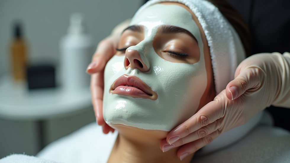 Close-up view of a beautician applying a facial mask on a client's face