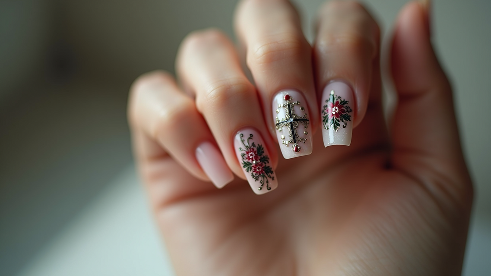 Close-up view of a beautifully manicured hand with nail art