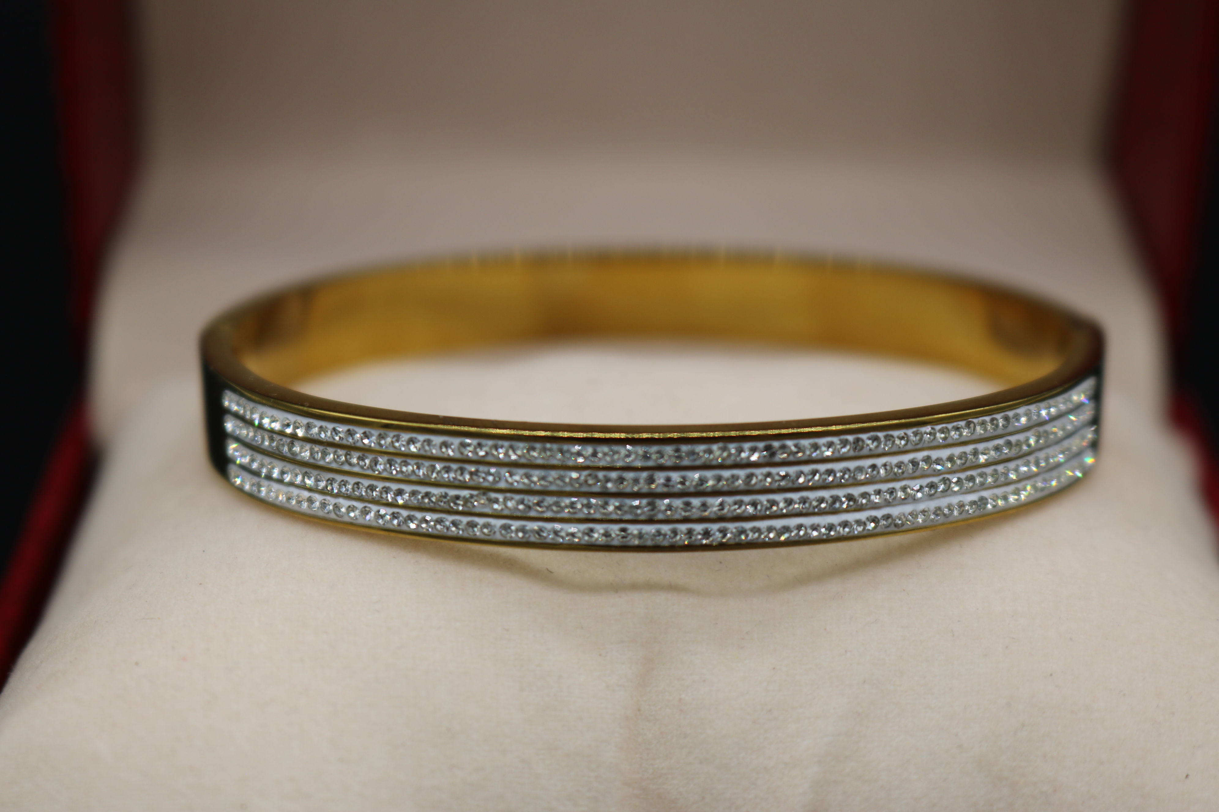 Multi-Row Crystal Inlay Gold Bangle