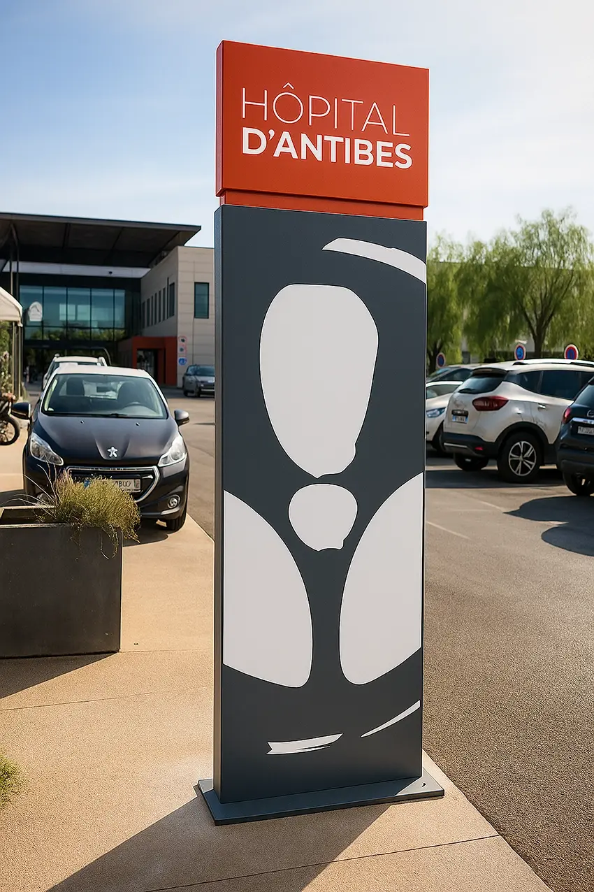 Totem signalétique extérieur du Centre Hospitalier d’Antibes, conçu par l’agence UNsens