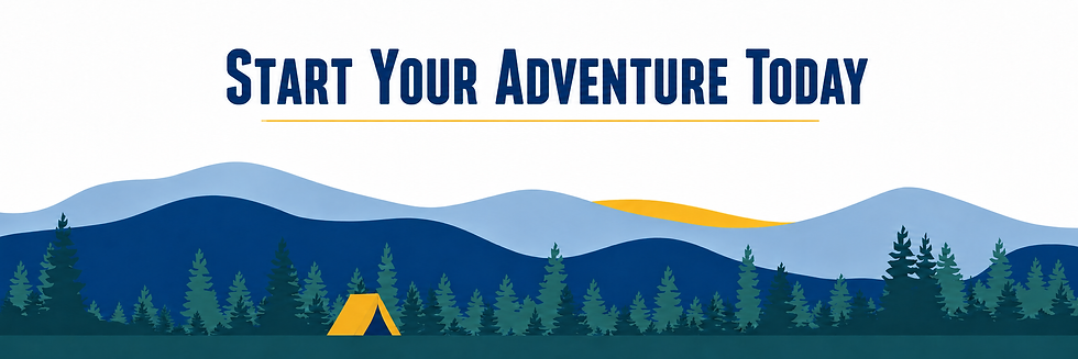 Start Your Adventure Today text with mountain landscape in the background and a single tent in the foreground.