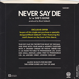 Black Sabbath - Never Say Die / She's Gone - UK - Vertigo SAB 001 - 1978 - back