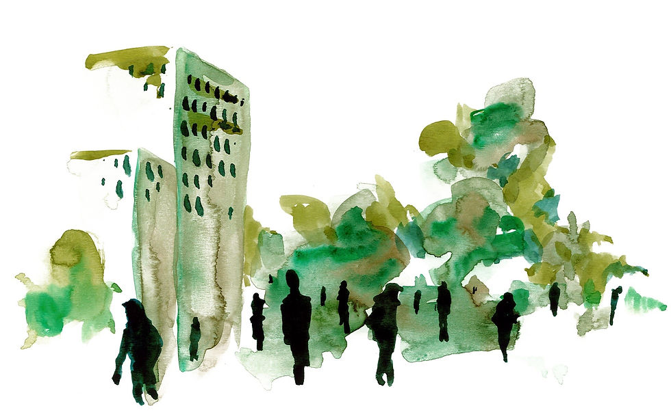 Watercolour illustration of black human-like silhouettes in front of a gray building on a green background